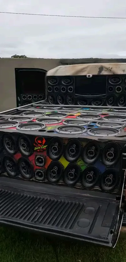 Custom truck with a bed full of powerful speakers on display.