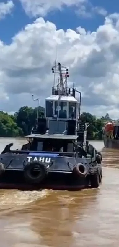 Tugboat moving through a muddy river against a bright blue sky.