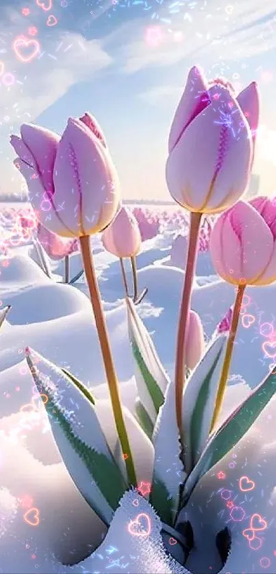 Pink tulips blooming through snow under a bright blue sky.