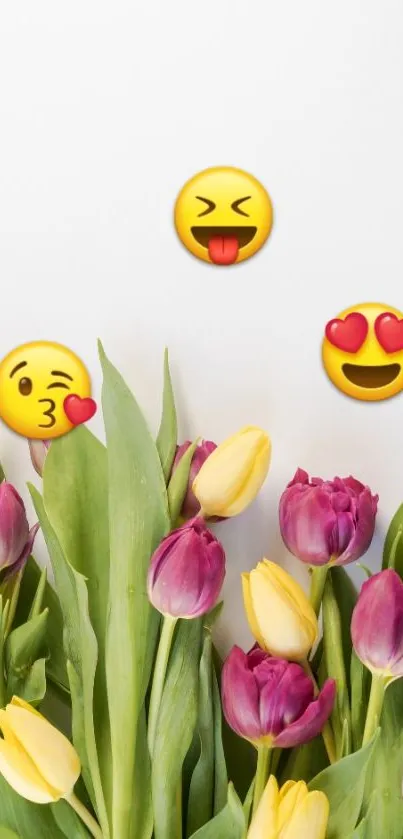 Vibrant tulips with playful emojis on a white background.