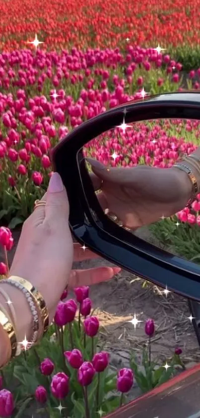 Reflection of tulip fields in a car mirror, vibrant and colorful.