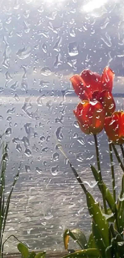 Vibrant tulips by a serene lake under a cloudy sky.