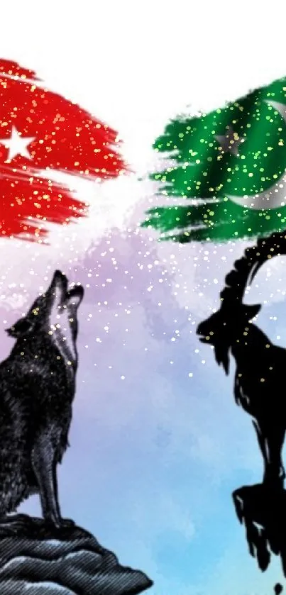 Flags of Turkey and Pakistan with wolf and markhor silhouettes on a colorful background.