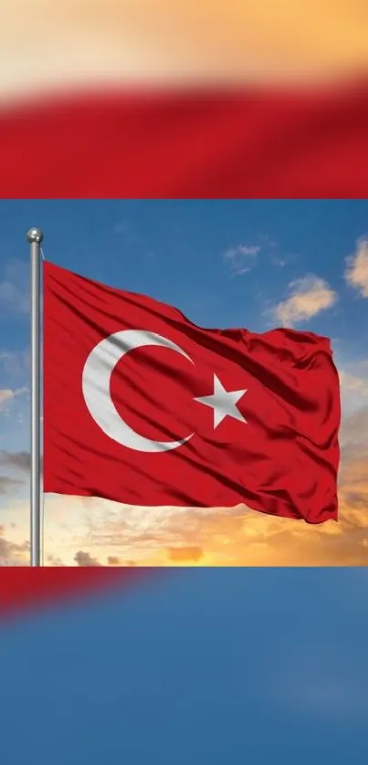 Turkish flag waving against sunset sky on mobile wallpaper.