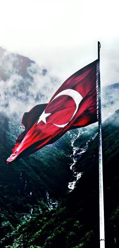 Turkish flag waves over mountainous landscape in vibrant mobile wallpaper.