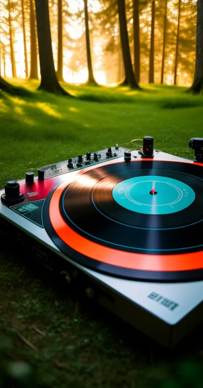 Vintage turntable in a sunlit forest clearing, surrounded by trees and grass.