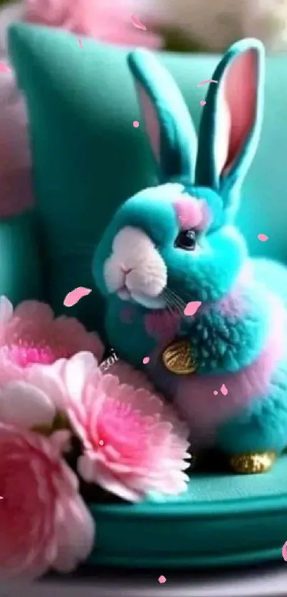 Vibrant turquoise bunny on a chair with pink flowers.