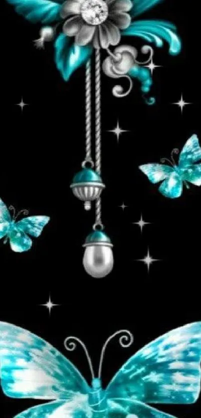 Turquoise butterflies with silver flowers on a black background.