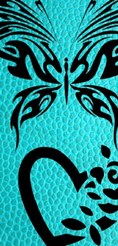 Black butterfly and heart on turquoise textured background.