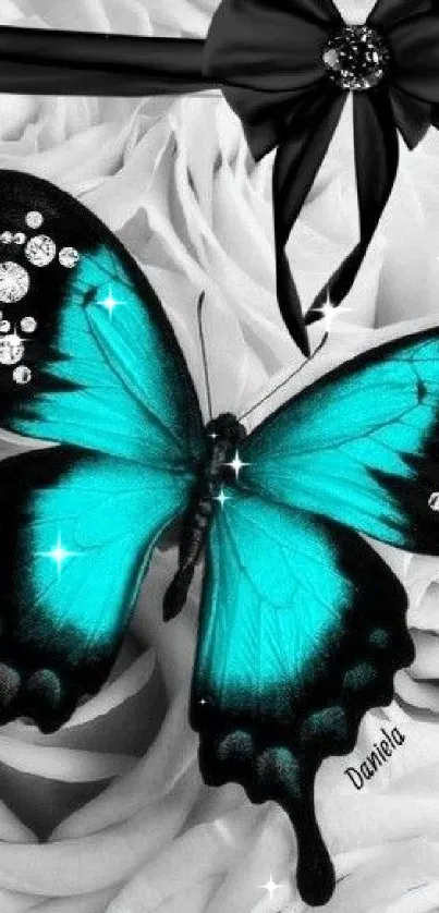 Turquoise butterfly with gems on white roses background.