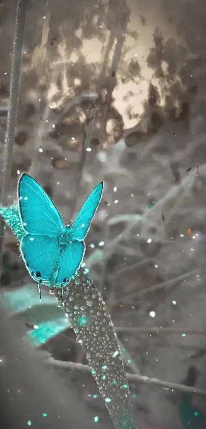 Turquoise butterfly resting on dew-kissed plant.