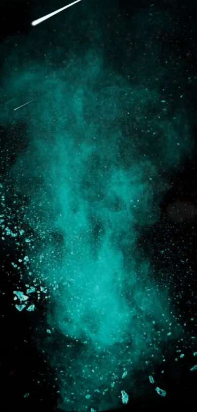 Turquoise cosmic cloud with vibrant sparks and mystical dark background.