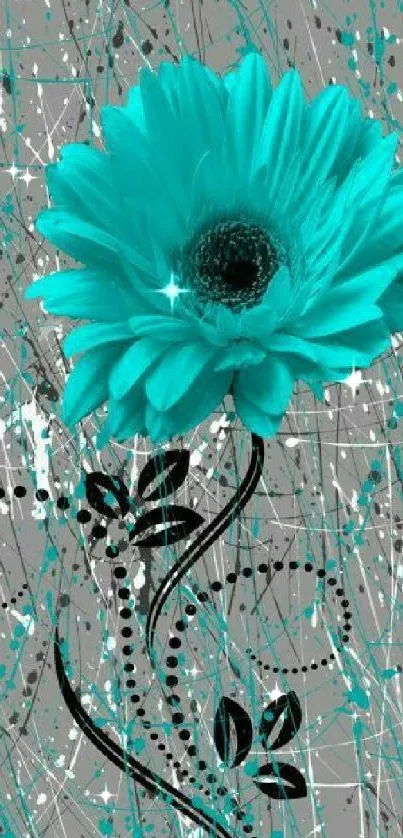 Turquoise flower with abstract black vines on a paint splash background.