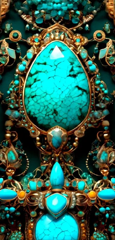 Elegant turquoise gemstones with intricate gold frames on mobile wallpaper.