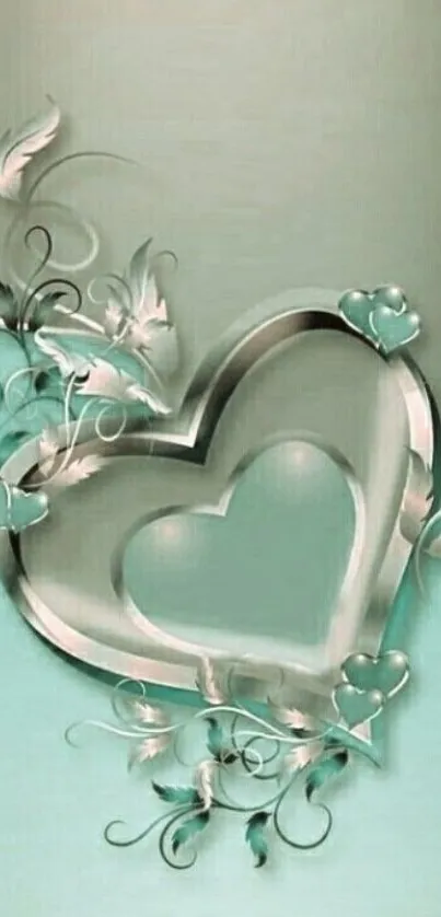 Turquoise heart with floral swirls on elegant background.