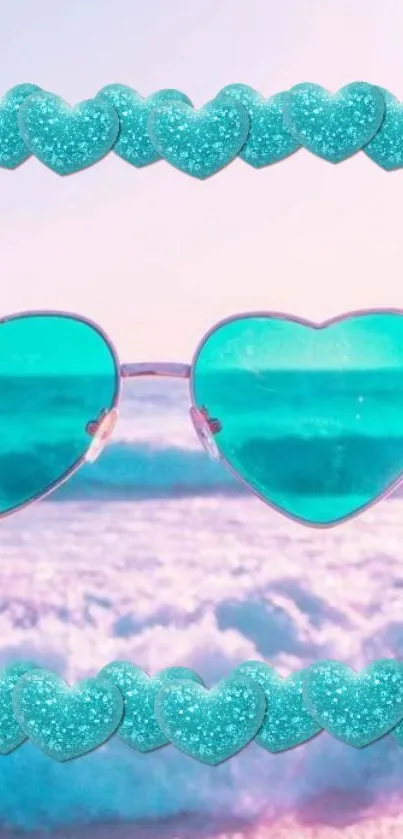 Turquoise heart sunglasses with ocean background and glitter hearts.