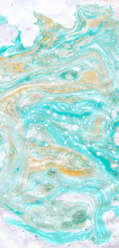 Turquoise marble wallpaper with golden swirls and white background.