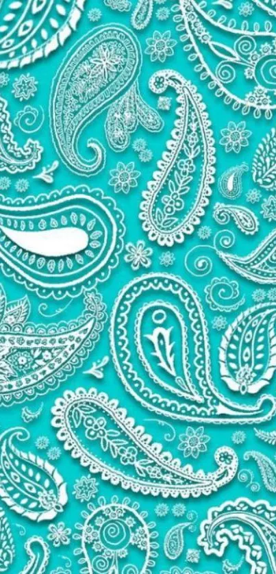 Turquoise wallpaper with white paisley patterns.