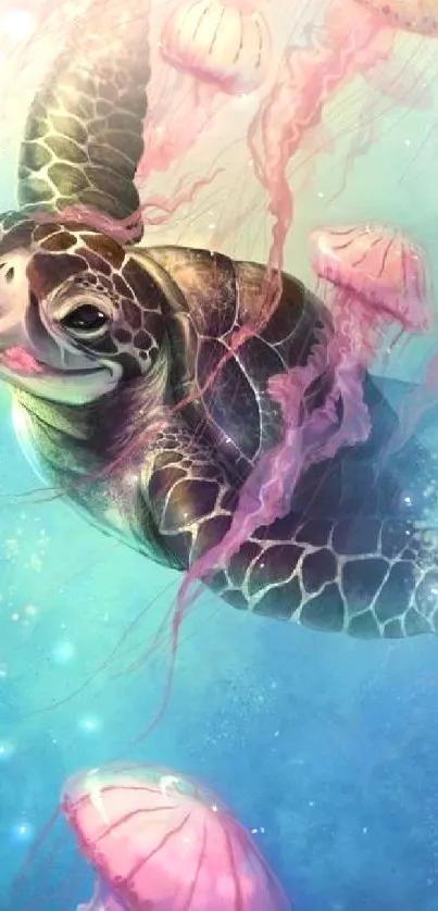 Artistic wallpaper featuring a turtle swimming with pink jellyfish in blue waters.