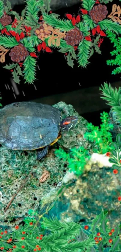 Artistic turtle on a rock with lush greenery and decorative foliage design.