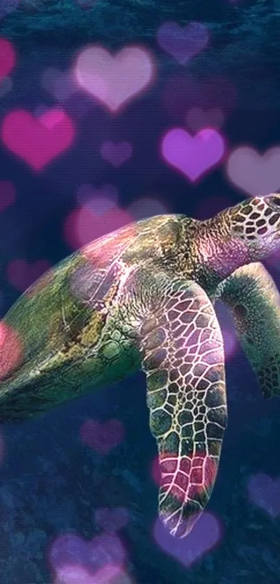 Mobile wallpaper featuring a turtle with a heart bokeh background.