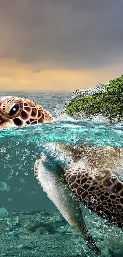 Sea turtle swimming in azure ocean with lush greenery and sunset sky.