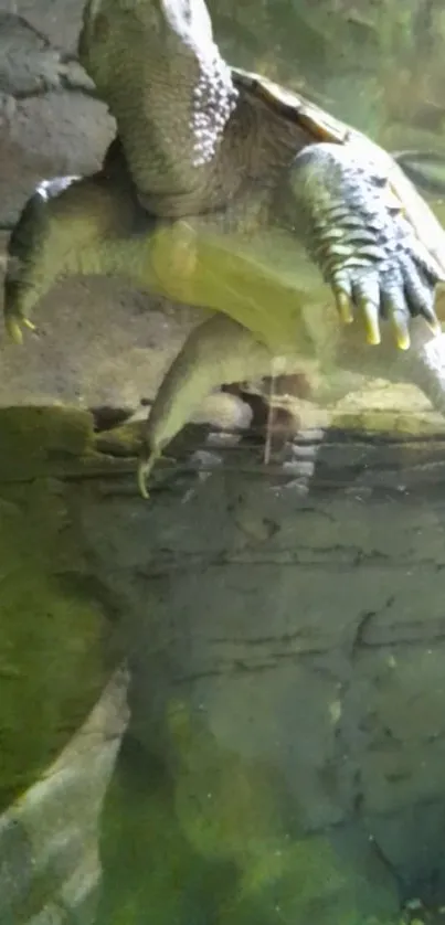 Turtle swimming among rocks underwater.