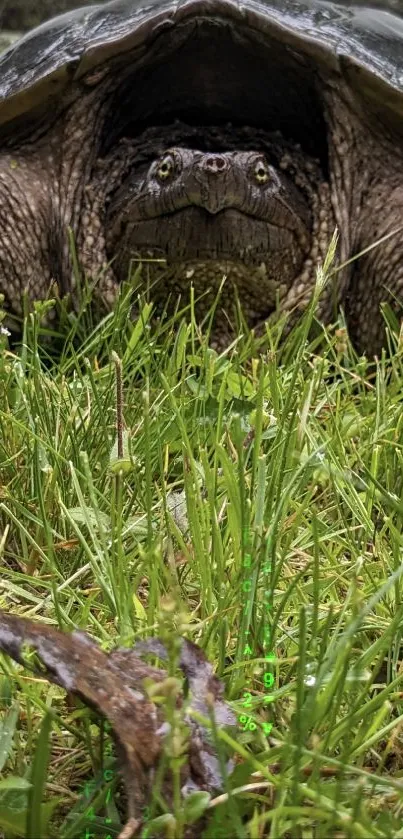 Turtle nestled in vibrant green grass for mobile wallpaper.