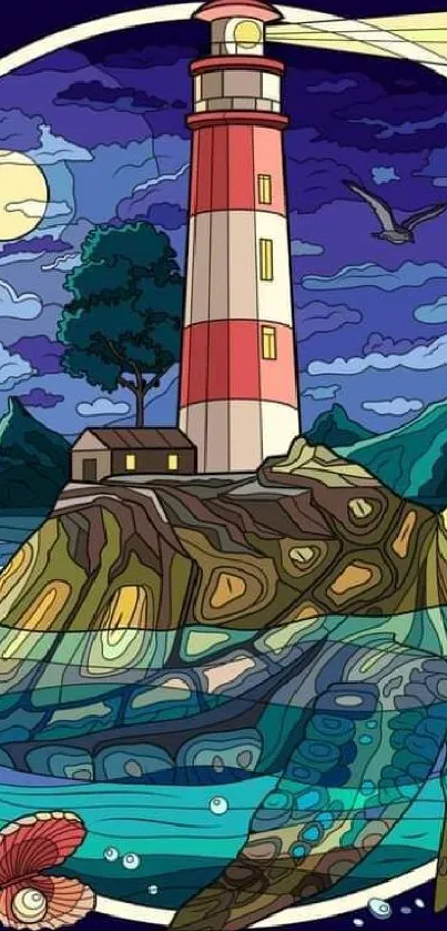 Illustrated phone wallpaper featuring a turtle and a lighthouse under a night sky.