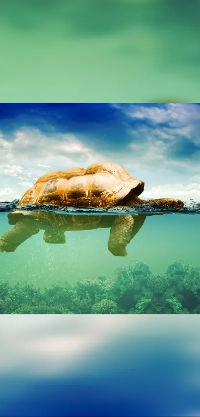 Turtle gracefully swimming in the ocean with a vibrant blue sky.