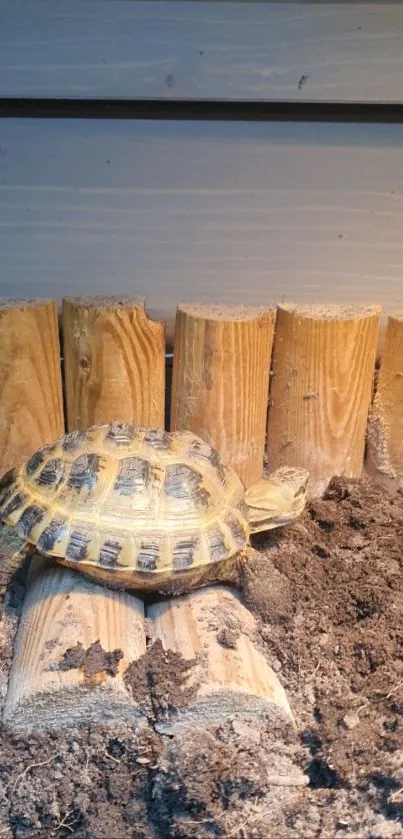 Turtle resting on rustic wooden log fence under soft light.