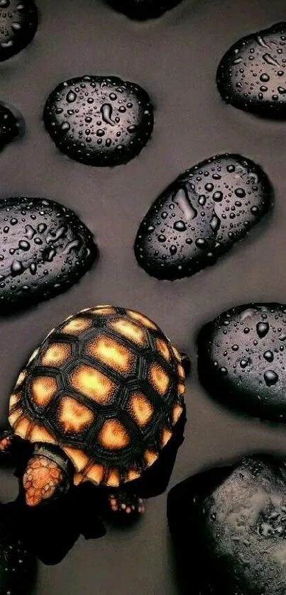 Turtle walking over wet dark stones on black background.