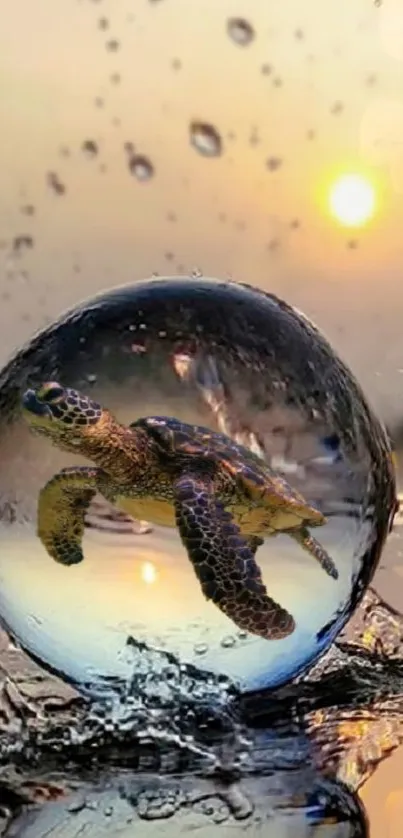 Turtle in a water splash with a sunset background.