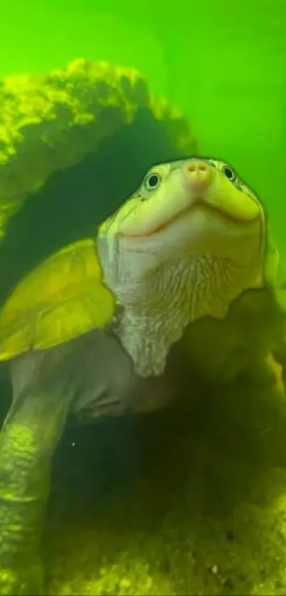 Turtle swimming underwater in a serene green aquatic setting, perfect for nature lovers.