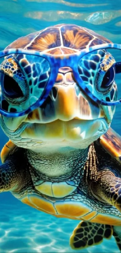 A turtle with glasses swims underwater in vibrant blue waters.