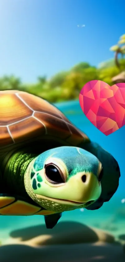 Vibrant sea turtle with a colorful heart in tropical ocean scene.