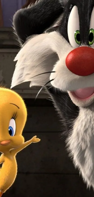 Mobile wallpaper of Tweety and black cat character in playful pose.