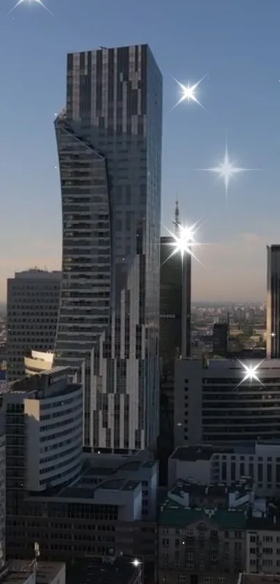 Twilight cityscape with a starry sky and modern skyscrapers.