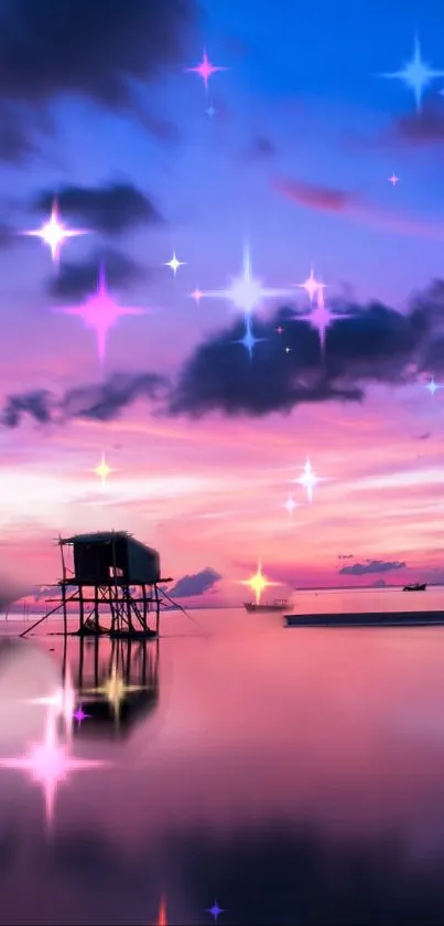 A tranquil twilight landscape over water with shimmering stars.