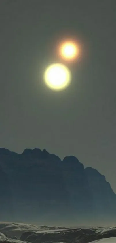 Scenic view of twin suns over tranquil mountains.