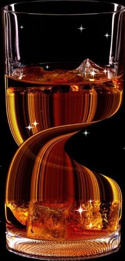 Twisted glass with amber liquid art on black background.