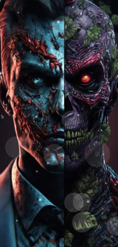 A striking two-faced digital art piece showing a man and a beast in one image.