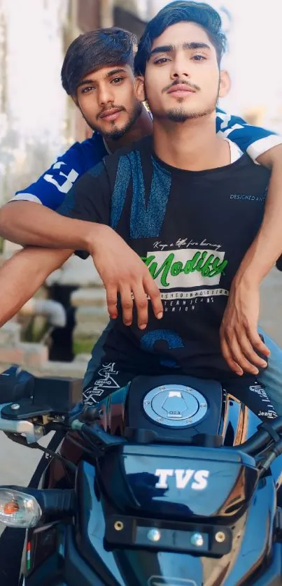 Two friends enjoying a motorcycle ride in a vibrant urban setting.