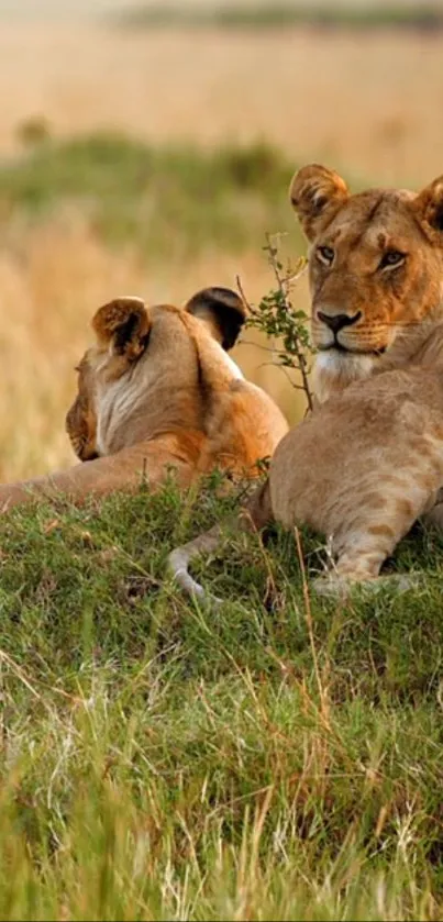 Two lions rest on grassy safari plain with serene background.