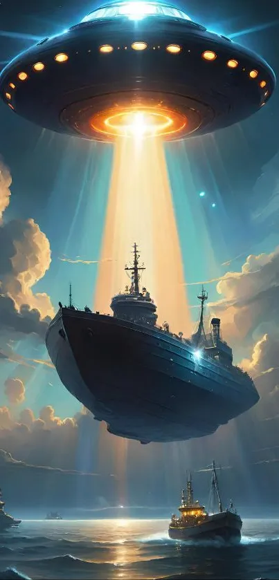 A UFO beams light onto a ship in the ocean under a night sky.