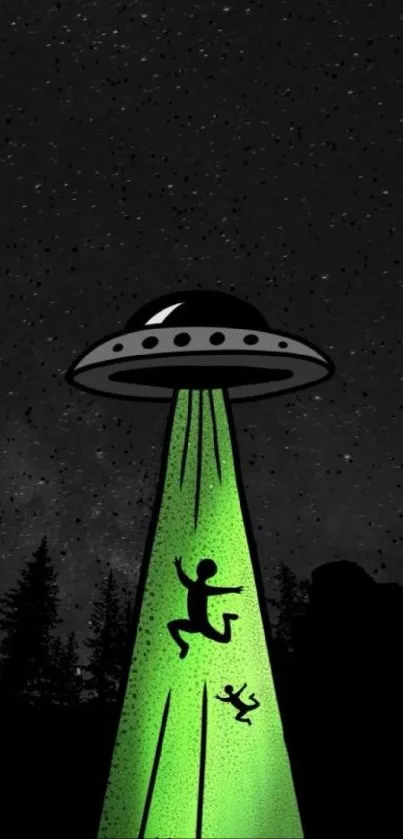 UFO abducting silhouettes in green light against a starry night sky.