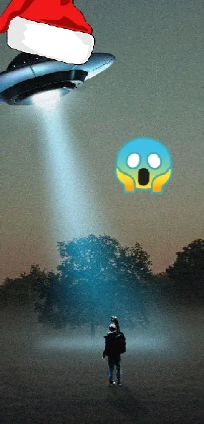 Alien spaceship with Santa hat over misty landscape.