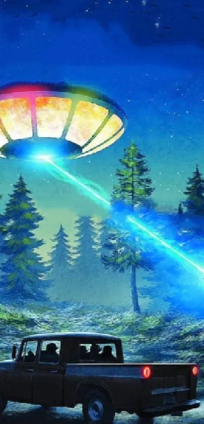 UFO abduction over a forest with a parked truck at night.