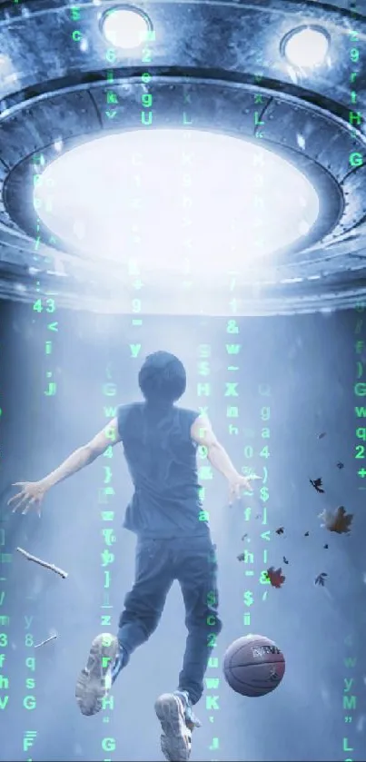 UFO abduction scene with glowing light.