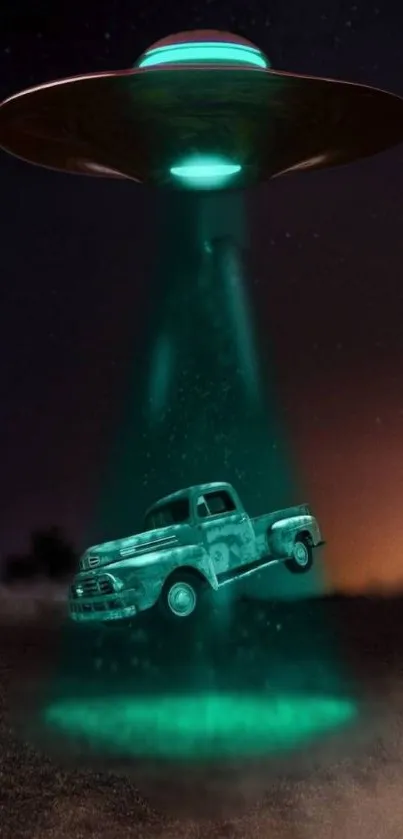 UFO abduction with truck and neon green light.